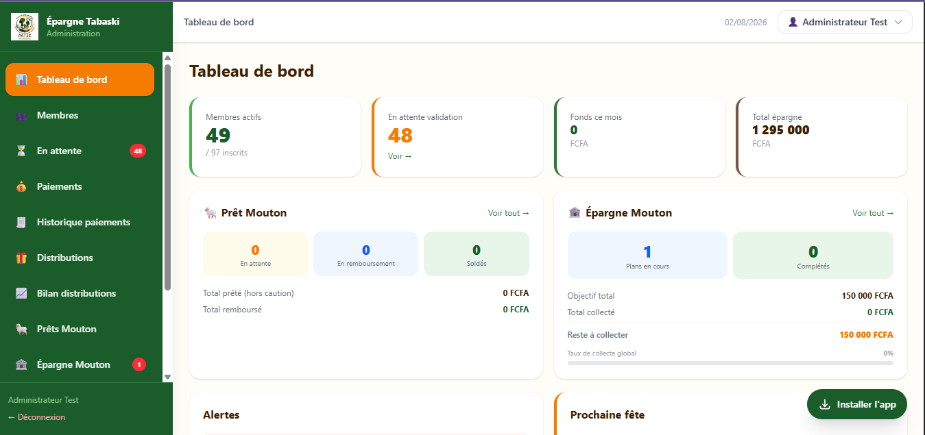 Tableau de bord de l'application Épargne Tabaski
