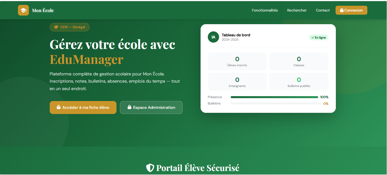 Tableau de bord de l'application Gestion École
